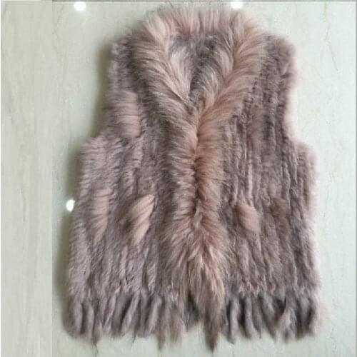 Korean fringe black red vest plus size natural real rabbit fur female jacket knitted raccoon dog fur collar trim coat