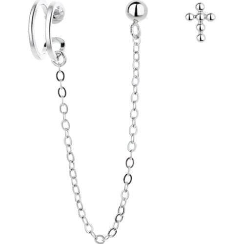 925 Sterling Silver Cute Cross Stud Ear Bone Line Asymmetric Tassel Earrings for Women Hip Hop Jewelry Gift S-E1317