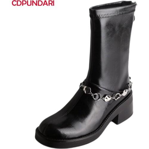 Ladies Black Genuine Leather High Heels Platform Ankle Boots For Women Autumn Winter Punk Boots Shoes Bottes Plateforme Femme