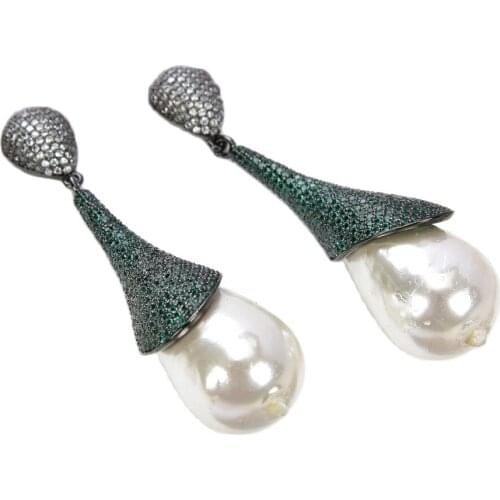 JK White Sea Shell Pearl Green CZ Pave Gunmetal Earrings For Women