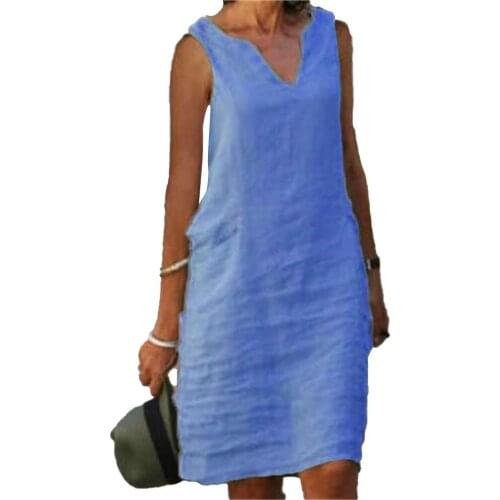 Plus Size Beach Dresses Women Vintage Solid Color V-neck All-match Stretchy Summer Autumn Women Clothing Tank Dress