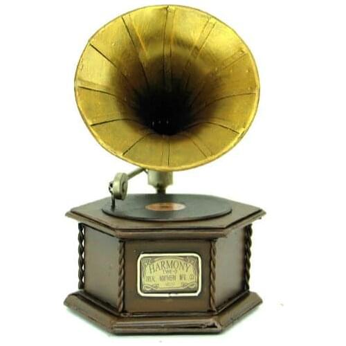 Antique Decor Metal Gramophone with Wood Box Vintage Trinket Art Miniature Gift Nostalgic Handmade Hand Painted Quality Durable