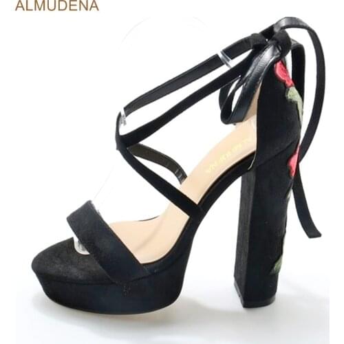 ALMUDENA Customized Newest Hot Selling Floral Embroidered Lace Up Chunky Heels Black Suede Platform Sandals Red Flowers Heels