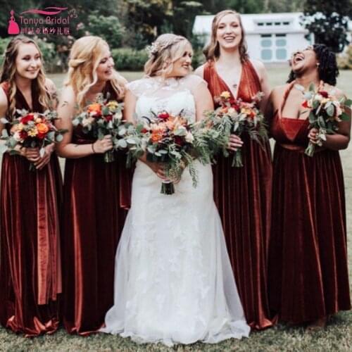 Long Velvet Bridesmaid Dresses A Line Various Ways To Wear Wedding Guest Party Dress Vestido De Festa Brides Maid Gowns MBP42