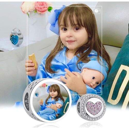 ELESHE Luxury 100% 925 Sterling Silver Heart Beads With Dazzling CZ Personalized Custom Photo Charm Fit Bracelet Bead Jewelry