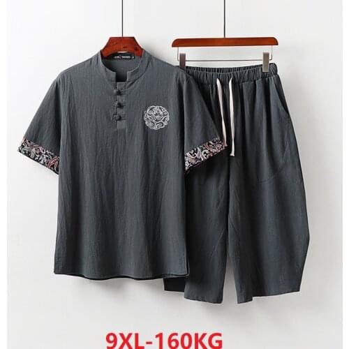 High quality summer japan style linen Short Sleeve Tshirt and shorts floral Men plus size 8XL 9XL vintage tees khaki blue black