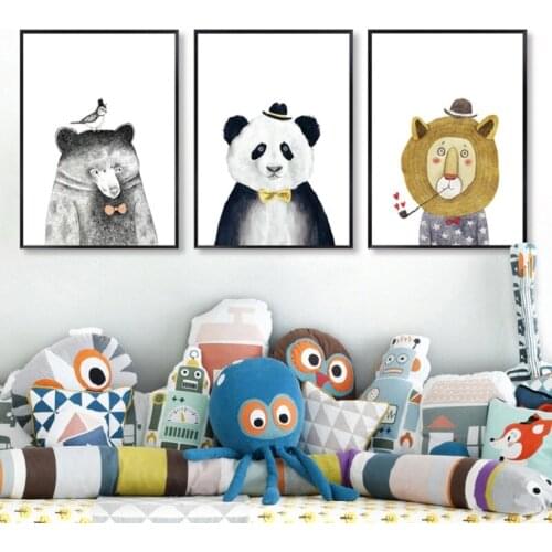 Triptych Watercolor Nordic Animal Lion Bear Panda Art Prints Poster Hipster Wall Picture Canvas Painting Kids Room Home Decor