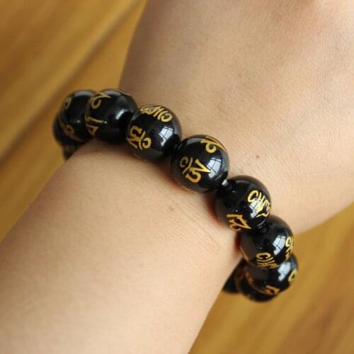 BR431 Tibetan Buddhism Mantras Black Onyx 14mm Beads Men Bracelets Om mani padme hum Adjustable Bracelet