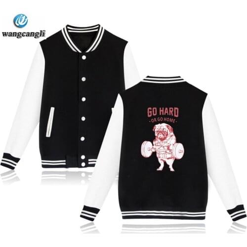 2020 Novelty Men printed Baseball Jacket Go Hard or Go Home English Bulldog Hip Hop Jackets Men Casual Sweatshirt Cute pug