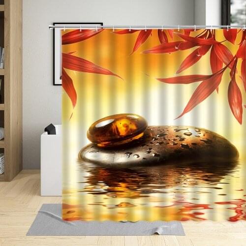 Autumn Shower Curtain Bamboo Leaf Pebbles Maple Leave Sunflower Deciduous Plant Scenery Pattern Bathroom Polyester Cloth Curtain