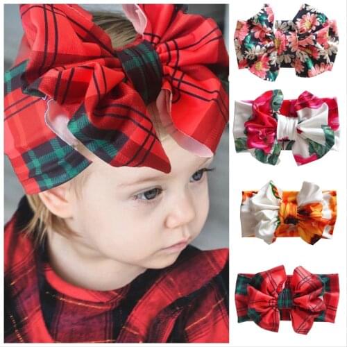 10Pcs/Lot Flower Print Baby Girl Headband Christmas Plain Big Bowknot Hair Bands Newborn Handmade Headwrap