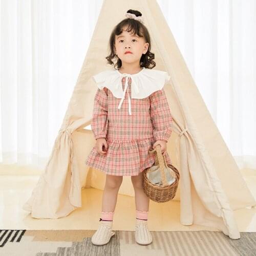 Retail Baby Clothes Fashion Princess Plaid Dress for Girls Kids Long Sleeve Ruffle Collar S-line Dress Kids Dresses for Girls