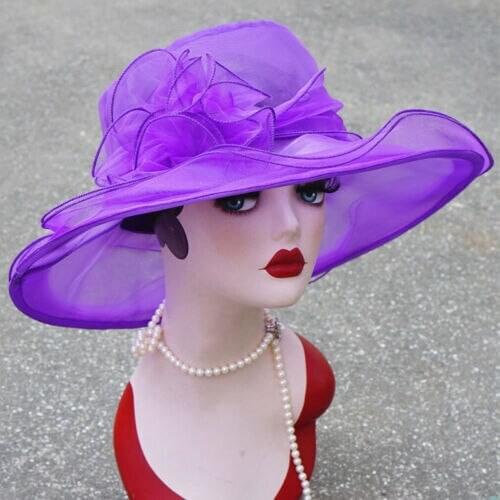 1Pcs Women Organza Fedoras Kentucky Derby Wide Brim Wedding Church Occasional Hats