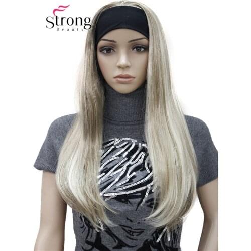 StrongBeauty Long 3/4 womens wigs hairpiece Straight with Adjust Black Headband Blonde Highlighted wig Synthetic Hair