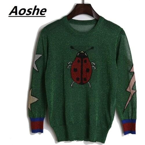 Aoshe Sweater Women 2018 New Fashion Design Ladybug Butterfly Jacquard Jumpers Casual Knitted Sweaters Tops Casual Pullover pull