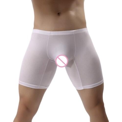 Sexy Plus Size Ice Silk Smooth Solid Big U Convex Pouch Half-length Boxers Long Leg Underpants Sculpting Boxer Gay Wear For Men