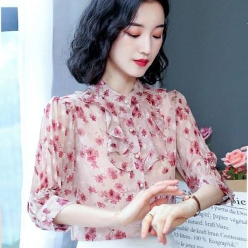 Spring Summer Style Women Chiffon Blouses Shirts Lady Casual Half Sleeve Stand Collar Ruffles Flower Printed Blusas Tops DD8959