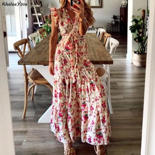 KHALEE YOSE vintage Boho Floral Print Maxi Dress Summer holiday dresses Women Sashe Ethnic Chic Ladies Gypsy Long Dresses Female