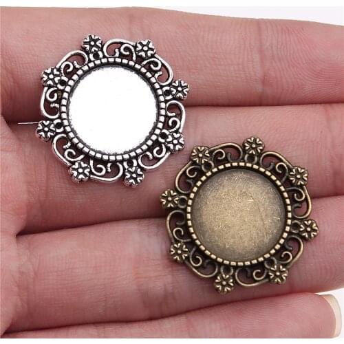 WYSIWYG 5pcs 15mm Inner Size 27x27mm Outer Size Vintage Antique Silver Color Zinc Alloy Flower Cameo Cabochon Base Setting