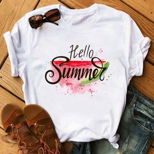 Hello Summer Watermelon T Shirt Fashion Women T-shirt Round Neck Female Clothing Casual White Goth Top