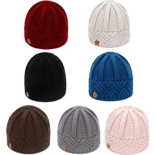 Women Winter Chunky Knit Rhombus Beanie Hat Simple Solid Color Striped Crochet Outdoor Windproof Skull Cap Ear Warmer