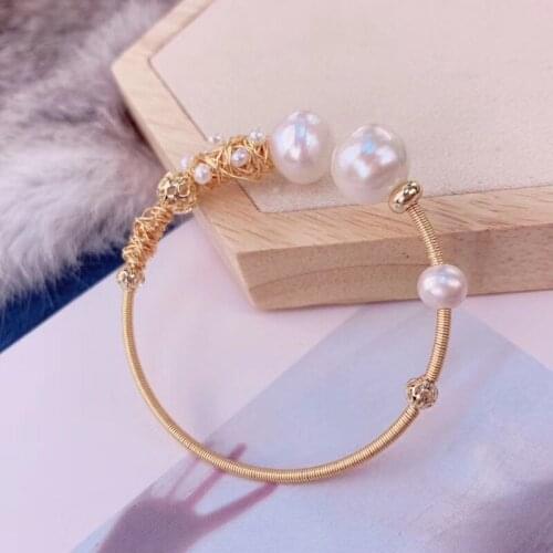 Free shipping large baroque genuine pearl natural white pure hand twist open adjustable size women bracelet gift wedding gift