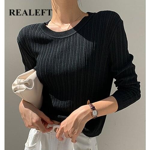 REALEFT 2021 Retro Womens Knitted Top Fashionable Round Neck Long Sleeve Solid Color Basic Ladies Knitting Pullovers Sweaters
