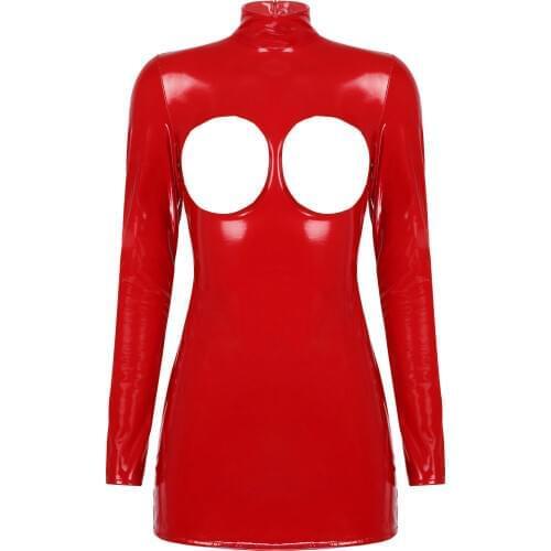 Lingerie Sex Cosplay Costume for Sexy Womens Erotic Zipper Mini Dress Wet-Look Patent Leather Bare Breast Bodysuit Erotic Clothi