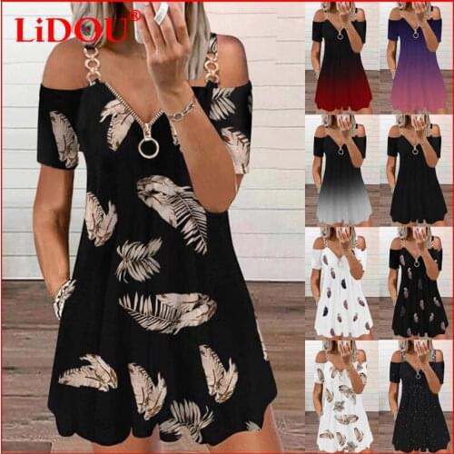2021 Summer Women Sequins Gradient Printed Skirt Sexy Off Shoulder Dresses Elegant Short Sleeve Zipper Party Beach Mini Dress