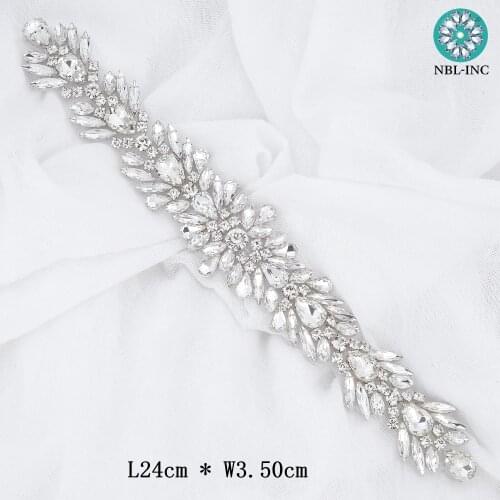 1PC) Bridal hand beaded silver crystal rhinestone applique iron on sew on hot fix for wedding dress WDD1094