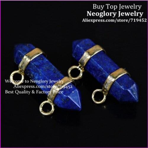 10PCS Healing Chakra Druzy Glass Stone Pendant Gold Color 2 Holes Lapis Lazuli Gems Hexagon Prism Bead Pendant Fit Necklace