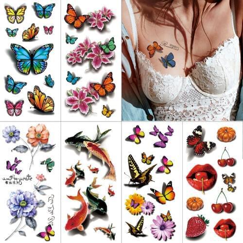 3D watercolor temporary tattoo stickers Flower butterfly bird small 3D body tattoo Shark koi waterproof fake tattoos for women