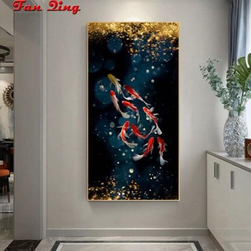 5D Diy Diamond Painting Cross Stitch Nine Fish Picture Bright Rhinestone Crystal Drill Diamond Embroidery Home Decor