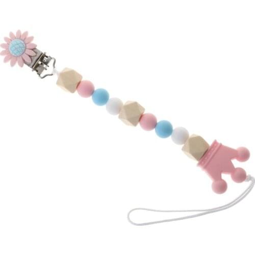 Pacifier Chain teething necklace Wood Beads Crown Cartoon Flower Pendant Strap Nipple Teether