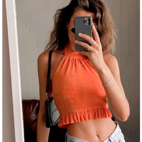 Summer Fluorescent Orange Womens Short Top Pleated Sexy Camisole Vest Casual Sleeveless Backless Womens Short Vest Y2k Tops