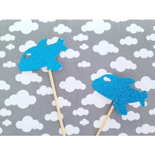Blue glitter plane cupcake toppers party boy baby bridal shower birthday ocearn wedding cake topper decor
