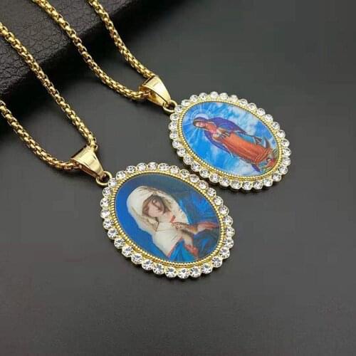 Hip Hop Bling Iced Out Gold Color Stainless Steel Virgin Mary Pendants Necklaces for Men Women Catholic Jewelry Drop Shipping