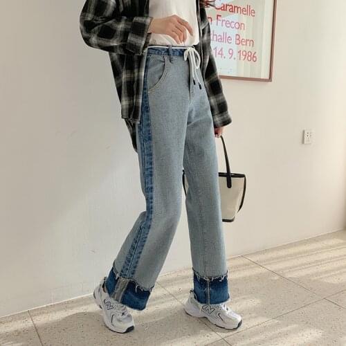 2021 early autumn design sense all-match loose and thin trousers stitching jeans student straight-leg pants plus size