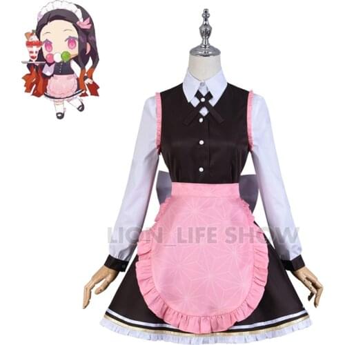 Demon Slayer Kimetsu no Yaiba Kamado Nezuko Cafe Maid Outfit Lolita Dress Cosplay Costume Women Halloween Free Shipping wig