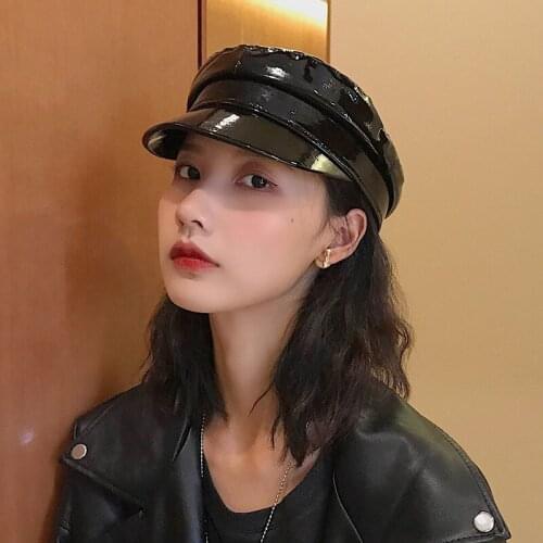 Leather Military Style Cap Ladies Black Sailor Hat Woman Captain Cap Autumn Winter High Fashion Hats