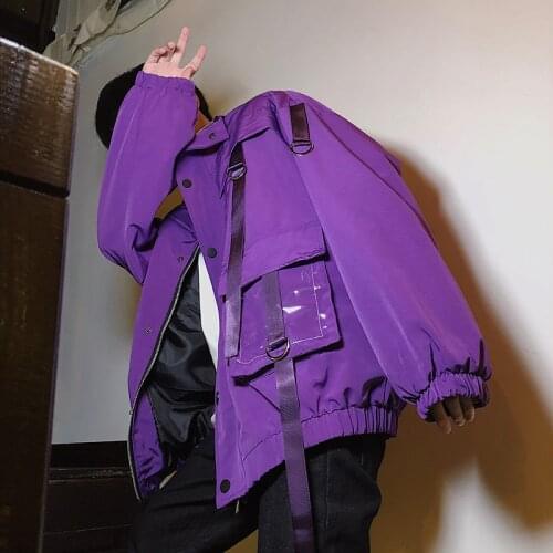 Men Streetwear Mulit-Pockets Ribbons Jacket Windbreaker Harajuku Black Purple Hip Hop Jackets Hipster Cargo Outwear Coats