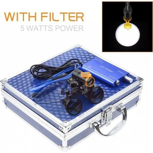 Medical Binocular Dentist Dental Loupes +5W LED Headlight Lamp with Filter Aluminum Box 2.5X/3.5X Blue