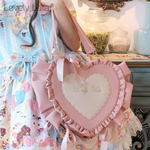 Sweet Candies Harajuku Lolita Heart-shaped PU Commuter Handbag Cosplay Soft Girl Kawaii Bow Ruffles Love Uniform Shoulder Bags
