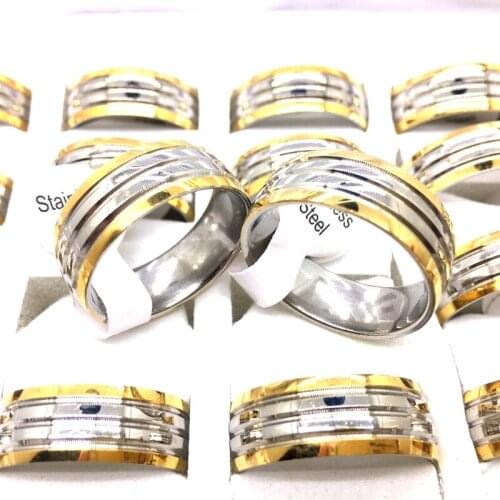 MixMax 36pcs Top Mens Rings Golden Plated 8MM Polished Stainless Steel Band Rings Fashion Jewelry Wholesale Lot
