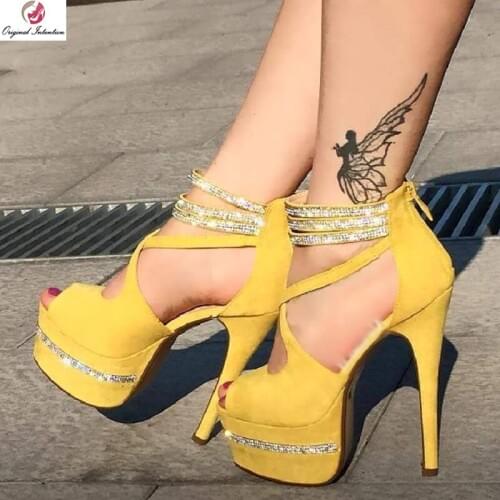 Original Intention Cool Women Sandals Open Toe Slim Heel Sandals Yellow Party Summer Rhinestone Shoes Woman Plus Size 4-20