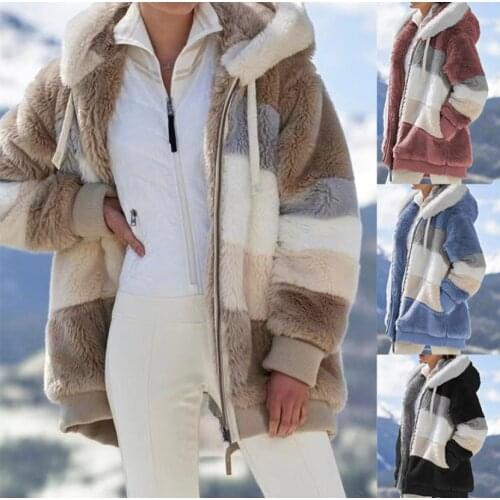 Autumn and winter loose plush multi-color patchwork street hipster zipper casual coat hooded women