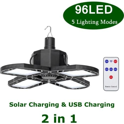 Portable 96LED 60W Folding Light Outdoors Camping Garage Solar Powered & USB Rechargeable Warehouse Workshop Emergency Lighting