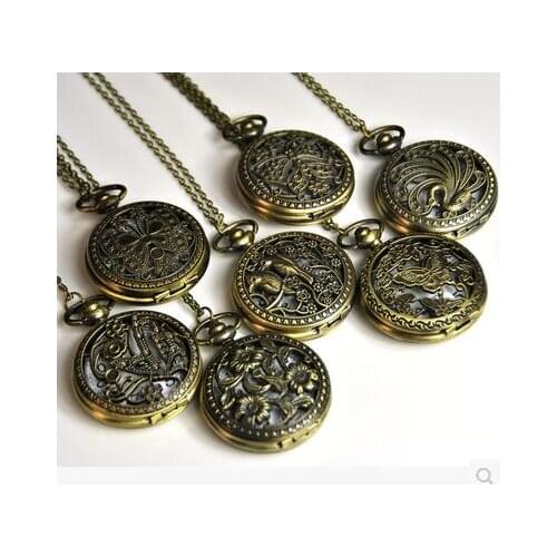 Mixed sale 7style flowers butterfly Hollow woman and men steampunk Necklace pocket watches dial45MM gift