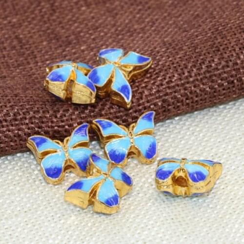 Unique design 14*16mm blue butterfly shape cloisonne enamel accessories spacers beads gold-color 5pcs diy jewelry finding B2503