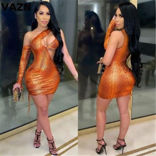 VAZN Top Quality 2021 One Shoulder Party Cocktail Short Dress Women Elegant Fashion Slim Dress Club Birthday Shinny Dress